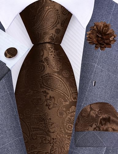GUSLESON 3.15"（8cm） Mens Paisley Tie and Lapel Pin Necktie Hankerchief Cufflinks Set for Men - color: Dark Brown
