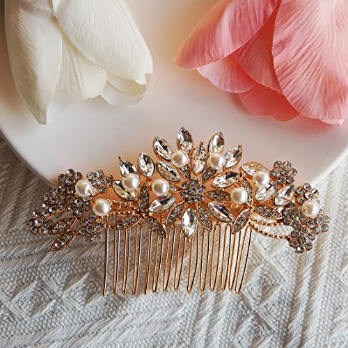Hapibuy Crystal Wedding Hair Comb Bridal Hair Comb with Pearl Wedding Headpiece for party wear Golden Hair Accessory - color: Gold