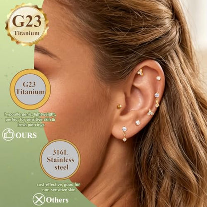 4Pairs 18G 20G G23 Titanium Threadless Flat Back Stud Earrings CZ Push in Nose Studs Hypoallergenic Tragus Cartilage Helix Conch Lip Labret Medusa Stud Piercing Jewelry - color: Gold, size: 20G