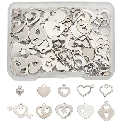 8-64Pcs Silver Goldern Color Heart Pendants Charms 10 Styles Heart Stainless Steel Metal Charms for Jewelry Making Crafting Necklaces Bracelets Earrings Keychains Birthday Gift - color: Silver-60 pcs