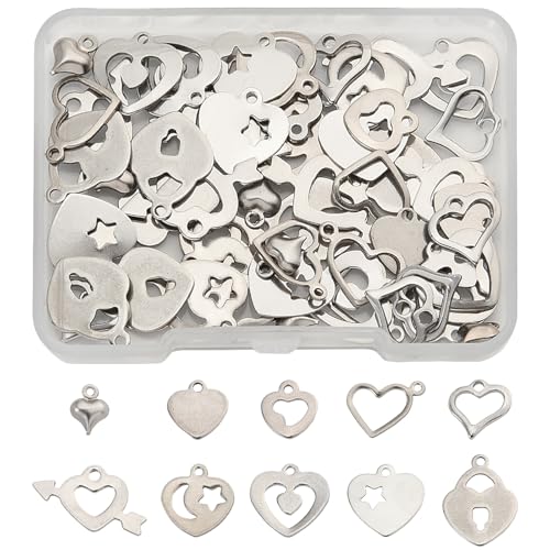 8-64Pcs Silver Goldern Color Heart Pendants Charms 10 Styles Heart Stainless Steel Metal Charms for Jewelry Making Crafting Necklaces Bracelets Earrings Keychains Birthday Gift - color: Silver-60 pcs