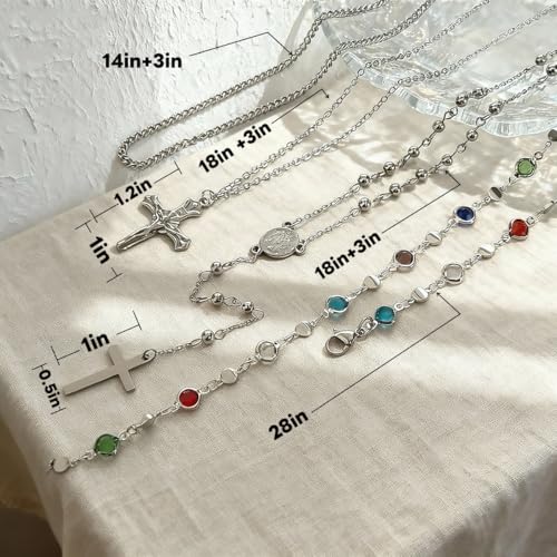 Silvery Layered Necklace for Women, Y Necklace with Cross Pendant, Dainty Stackable Jewelry Gift for Everyday Wear - style: 4PCS - Stainless Steel - Cuban Chain&Cross&Cross Y Chain&Colorful Chain