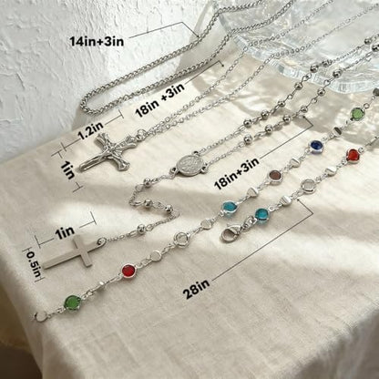Silvery Layered Necklace for Women, Y Necklace with Cross Pendant, Dainty Stackable Jewelry Gift for Everyday Wear - style: 4PCS - Stainless Steel - Cuban Chain&Cross&Cross Y Chain&Colorful Chain