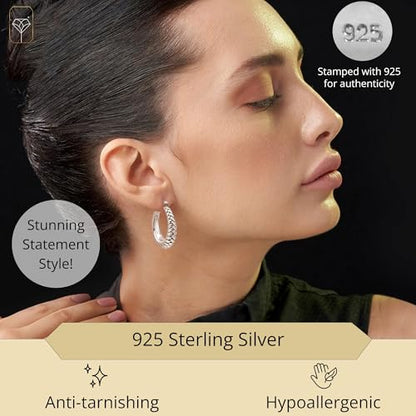 925 Sterling Silver Hypoallergenic Chunky Hoop Earrings for Women | Anti Tarnish Hoops in Various Styles by MAX + STONE - style: Textured Oval Hoops