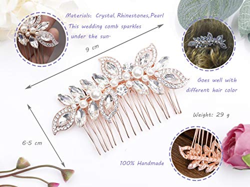 Kercisbeauty Wedding Bridal Bridesmaids Flower Girl Rhinestone Crystal Leaf Rose Gold Hair Comb Slide for Prom,Bun Hair Accessory (Rose Gold) - color: Rose Gold