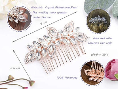 Kercisbeauty Wedding Bridal Bridesmaids Flower Girl Rhinestone Crystal Leaf Rose Gold Hair Comb Slide for Prom,Bun Hair Accessory (Rose Gold) - color: Rose Gold
