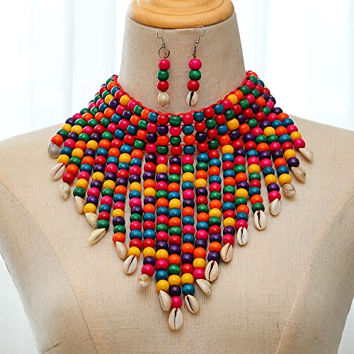 COLORFUL BLING Chunky Wooden Beaded Seed Bib Collar Necklace Boho Layered Africa Wood Shell Strand Choker Necklace Jewelry Set for Women - color: colorful