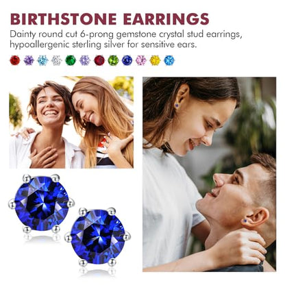 DAYBYDAY 925 Sterling Silver Birthstone Earrings for Women, Crystal Stud Earrings, 6.5mm Round Cut Solitaire Gemstone Earrings Birthday Jewelry - style: Round Cut-09. Sep/created blue sapphire