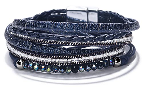 Fesciory Leather Wrap Bracelet for Women, Boho Western Layered Cuff Jewelry | Stackable Bracelets, Easy-On Clasp, Daily Wear, Pairs with Boho Western Outfits, Gift for Women - color: Blue1