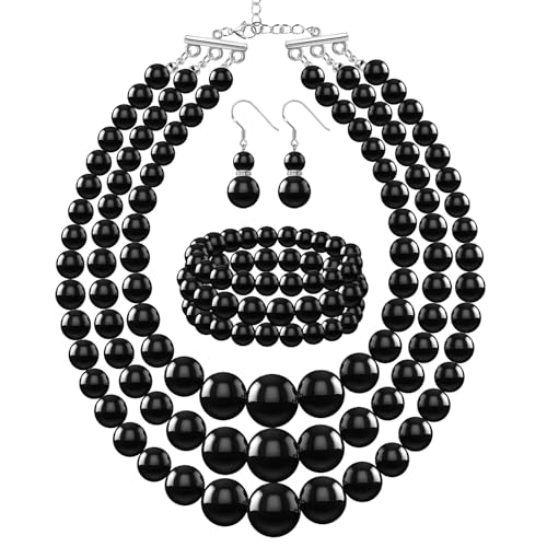 Haysandy Pearl Jewelry Set for Women 20s Jewelry Gift | Retro Layered Necklace Bracelet Earring, Costume Accessories for Derby Wedding Prom Party, Dress Matching Occasions - color: Black
