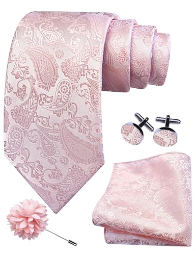 GUSLESON 3.15"（8cm） Mens Paisley Tie and Lapel Pin Necktie Hankerchief Cufflinks Set for Men - color: Blush Pink