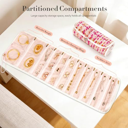 Abiudeng Tweed Travel Jewelry Organizer Roll with 20 Compartments - Rhinestone Button, Anti-Tarnish & Tangle-Free Necklace Storage Bag, Velvet Lined Scratch Protection Case for Women - Pink - color: Pink