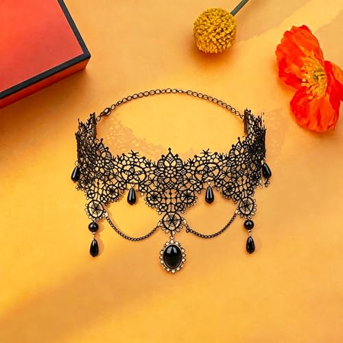 coadipress Gothic Lace Choker Necklace for Women Crystal Royal Court Vampire Choker Gothic Necklace Retro Handmade Halloween Gifts
