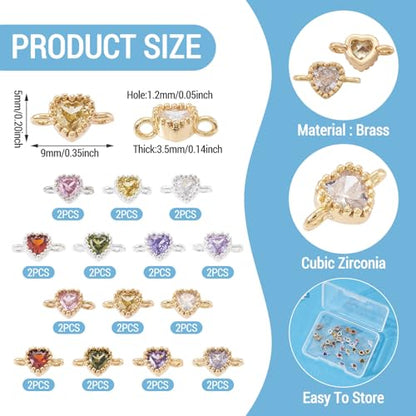 Beadthoven 28pcs Heart Cubic Zirconia Charms Golden Silver Plated Micro Pave Rhinestone Pendants Small Cute Valentine Heart Charms Linking Beads for Bracelet Necklace Earrings DIY Jewelry Making Craft - color: Heart Link