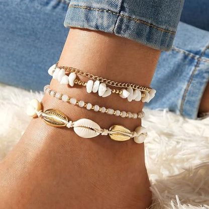 Qceasiy Shell Ankle Bracelets for Women, Boho Beaded Beach Anklet Set | Seashell, Heart, Starfish and Conch Styles, Gold-Tone, Stretch or Adjustable Fit, Layered Beach Vacation Jewelry Gifts - color: Gold 2