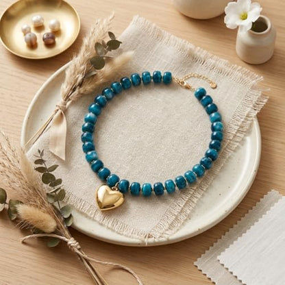 SYNLIN Resin Chunky Beaded Necklace for Women, Adjustable Heart Pendant Beaded Choker, Lightweight Statement Necklace, Boho Summer Beach Jewelry - color: Emerald Green