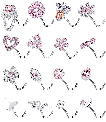 Tornito 16Pcs Nose Stud Rings L Screw Shaped Nose Ring Flower Snake Butterfly Heart Eye CZ Dangle Nose Rings Stud Body Piercing Jewelry for Women Men 20G Silver Pink Tone - color: C:Pink CZ(Screw Shaped)
