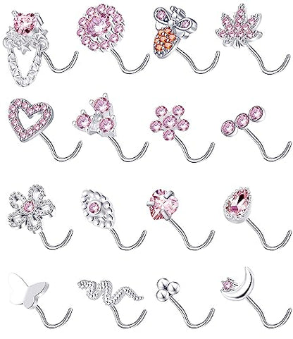 Tornito 16Pcs Nose Stud Rings L Screw Shaped Nose Ring Flower Snake Butterfly Heart Eye CZ Dangle Nose Rings Stud Body Piercing Jewelry for Women Men 20G Silver Pink Tone - color: C:Pink CZ(Screw Shaped)