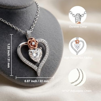 KQ&TTENG Heart Necklaces for Women 14K Gold Plating Hearts Necklace CZ Romantic Rose Pendant Mothers Day Anniversary Birthday Gift for Wife Mom Her - style: 11-Rose Heart Stone Necklace