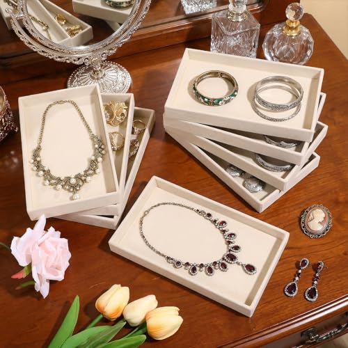 12 Pack Velvet Jewelry Trays, 8.3x5x0.9 Inches | Stackable Jewelry Organizer Inserts for Women, Beige Display Trays for Necklace Earring Ring Bracelet