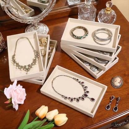 12 Pack Velvet Jewelry Trays, 8.3x5x0.9 Inches | Stackable Jewelry Organizer Inserts for Women, Beige Display Trays for Necklace Earring Ring Bracelet