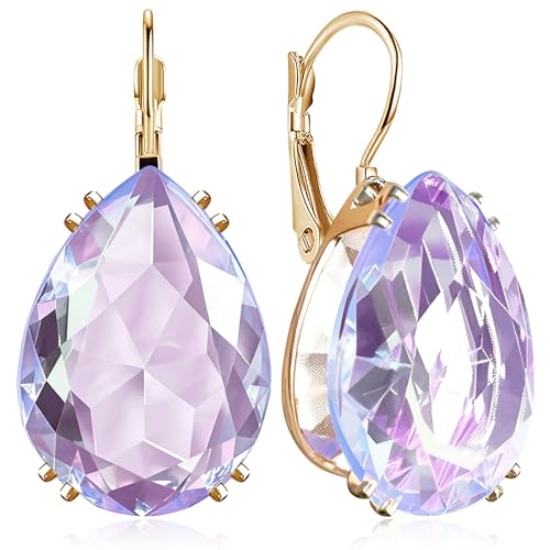 14K Gold Teardrop Crystal Leverback Earrings Sparkly Rhinestone Water Droplet Dangle Drop Earrings For Women - color: Light Purple