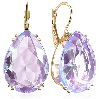 14K Gold Teardrop Crystal Leverback Earrings Sparkly Rhinestone Water Droplet Dangle Drop Earrings For Women - color: Light Purple