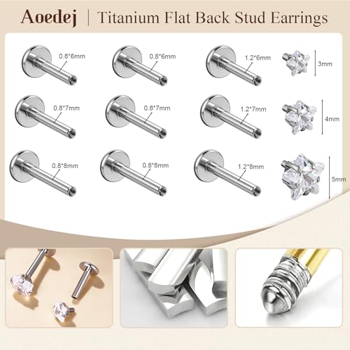 AOEDEJ 20/18/16G Titanium Internally Threaded Flat Back Stud Earrings 3/4/5mm Stars Square CZ Nose Lip Medusa Monroe Labret Piercing Jewelry for Cartilage Conch Tragus Helix Ear Studs - style: 18G-Stars
