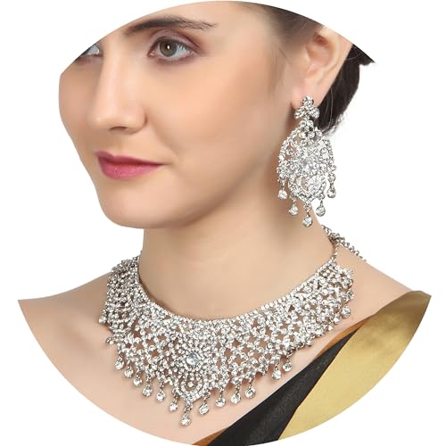 Touchstone Indian jewelry sets for women tikka wedding necklace costume guest statement bollywood rhinestones crystal faux pearls gold big royal neck piece set bridal fashion accessories - color: D303 White 2