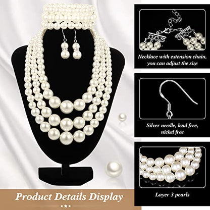 Haysandy Pearl Jewelry Set for Women 20s Jewelry Gift | Retro Layered Necklace Bracelet Earring, Costume Accessories for Derby Wedding Prom Party, Dress Matching Occasions - color: Beige