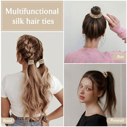 Scrunchies Hair Ties Silk Satin Scrunchy, WantGor Women 4PC Hair Bands | Pure Mulberry Silk Skinny Elastic Scrunchies Bracelets Ponytail Holders Hair Accessories (Champagne*4) - color: Champagne*4