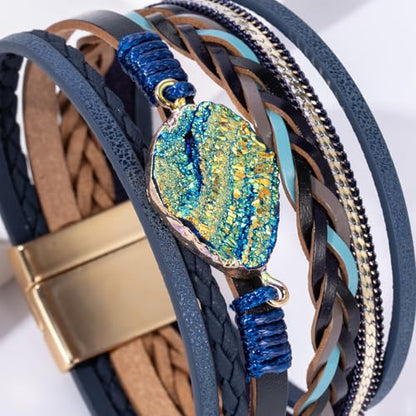 Boho Leather Wrap Bracelets Beaded Stackable Cuff Bracelet Country Concert Outfits Cowboy Cowgirl Western Jewelry Gifts for Women - color: Stone-Blue