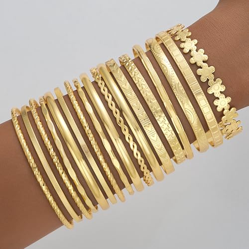 FAXHION Gold Bangle Bracelets for Women, 14 Pcs Multi Layer Stackable Bangle Set, 14K Gold Plated Textured Chunky Bracelets Boho Jewelrys Set - style: Gold B-17 pcs