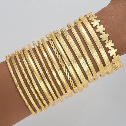 FAXHION Gold Bangle Bracelets for Women, 14 Pcs Multi Layer Stackable Bangle Set, 14K Gold Plated Textured Chunky Bracelets Boho Jewelrys Set - style: Gold B-17 pcs