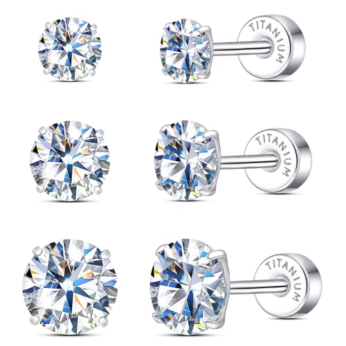 Limerencia Moissanite Stud Earrings, 3 Pairs Titanium Screw Back Earrings | D Color VVS1 Clarity Lab-created Moissanite Earrings, Hypoallergenic G23 Pure Titanium for Women Men Sensitive Ears - color: Silver S