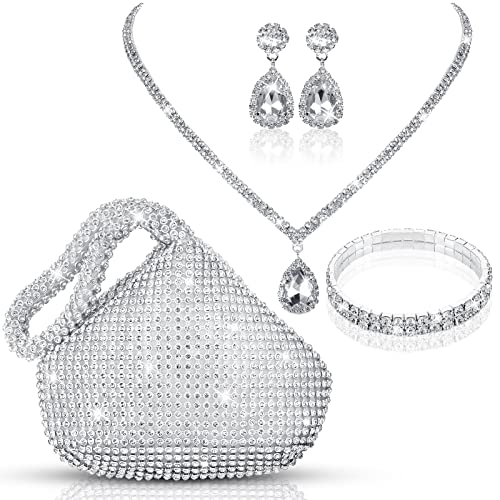 4 Pcs Silver Clutch Purse Jewelry Set for Women Rave Accessories Evening Rhinestone Purse Silver for Bride Wedding - style: Novel Style