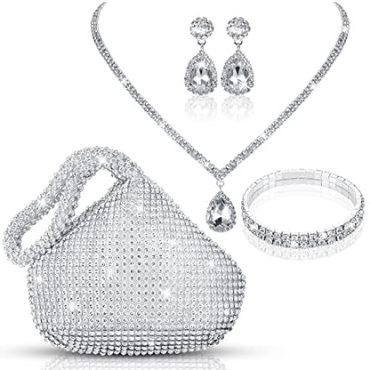 4 Pcs Silver Clutch Purse Jewelry Set for Women Rave Accessories Evening Rhinestone Purse Silver for Bride Wedding - style: Novel Style