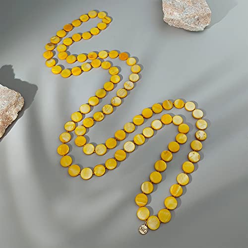 Firstmeet Flat Round Coin Shell Beads Long Knotted Necklace Natural Mother of Pearl Handmade Jewelry For Women - color: Yellow