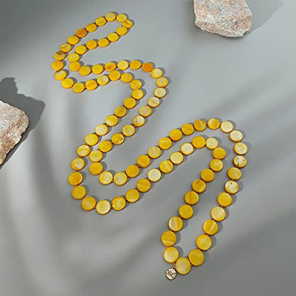 Firstmeet Flat Round Coin Shell Beads Long Knotted Necklace Natural Mother of Pearl Handmade Jewelry For Women - color: Yellow