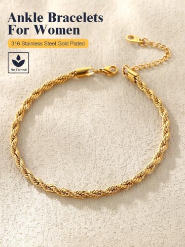 U7 Ankle Bracelets for Women Stainless Steel Waterproof Tarnish Resistant | 18K Gold Plated/Silver/Rose Gold Anklets, Cuban Chain Anklet Bracelets, Perfect for Summer Beach and Vacation Outfits - color: Gold Plated-3mm-Rope Chain