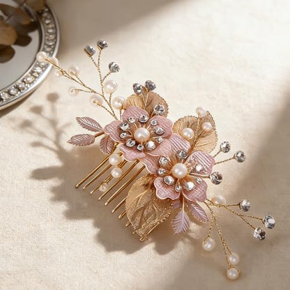 Flower Leaf Design Wedding Hair Comb, Metal Bridal Hair Accessory with Rhinestone, Wedding Prom Hair Clip Headpiece for Women (Gold Flower Leaf) - color: Gold Flower Leaf