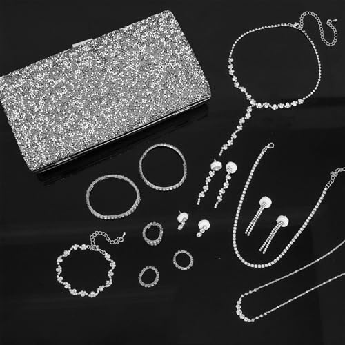 NEWITIN Purse Rhinestone Jewelry Set for Women Prom Jewels Crystal Clutch Purse Necklaces Rings Bracelets Earrings Gold Silver Jewelry Set for Women Bride - color: 16 Pieces Silver