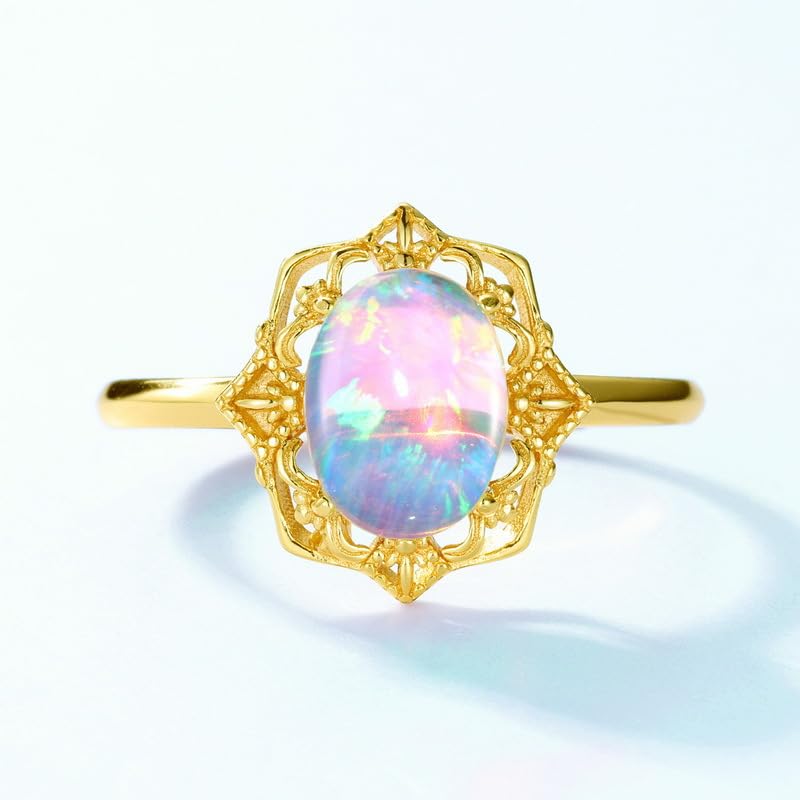 14K Solid Gold over S925 Vintage Court Style Adjustable Ring with Teardrop/Oval Shaped Opal, Luxurious Retro Gemstone Jewelry Accessory,Natural October Birthstone Jewelry for Women