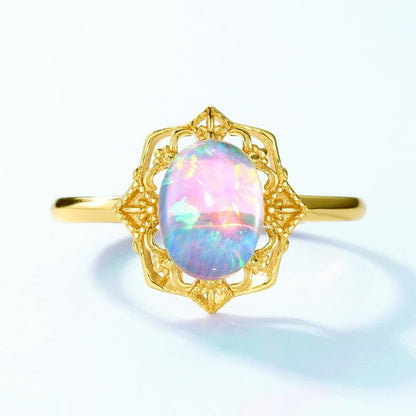 14K Solid Gold over S925 Vintage Court Style Adjustable Ring with Teardrop/Oval Shaped Opal, Luxurious Retro Gemstone Jewelry Accessory,Natural October Birthstone Jewelry for Women