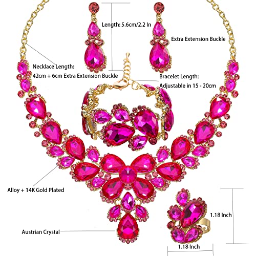 Women's Wedding Bridal Austrian Crystal Glass Teardrop Statement Necklace Dangle Earrings Bracelet Ring Wedding Party Jewelry Set for Bridal Bridesmaid - color: Pink-Gold Plated