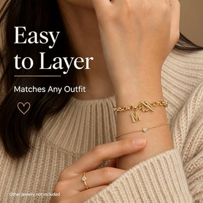 14K Gold Plated Stainless Steel A-Z Alphabet Letter Heart Bracelet | Non-Tarnish Dainty Charm with a Romantic Toggle Clasp Daily Fashion Jewelry, 7-inch Rolo Chain, Personalized Gift for Her - color: D