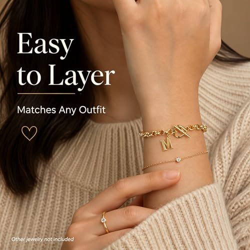 14K Gold Plated Stainless Steel A-Z Alphabet Letter Heart Bracelet | Non-Tarnish Dainty Charm with a Romantic Toggle Clasp Daily Fashion Jewelry, 7-inch Rolo Chain, Personalized Gift for Her - color: N