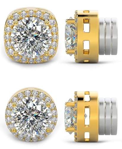 Magnetic Earrings for Men 5A Cubic Zirconia Stainless Steel Clip On Earring | 2 Pairs Fake Earrings Non Pierced Magnet Nose Stud Piercings for Women, 5/6/7/8MM Simulated Diamond, Gold/Silver/Black Color - color: Gold-Style One-5mm