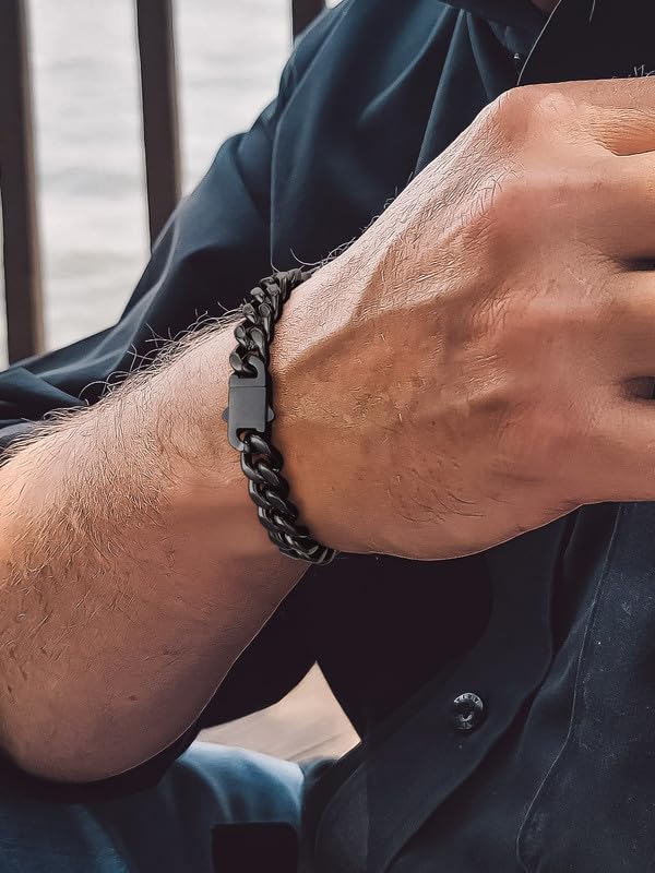 Bandmax Mens Hip Hop Cuban Link Bracelets 5/7/9/12MM Stainless Steel Miami Curb Chain Bracelet Silver/Gold Plated/Black Wristlet Chains for Men 7"-9" - color: 08 9MM-Black