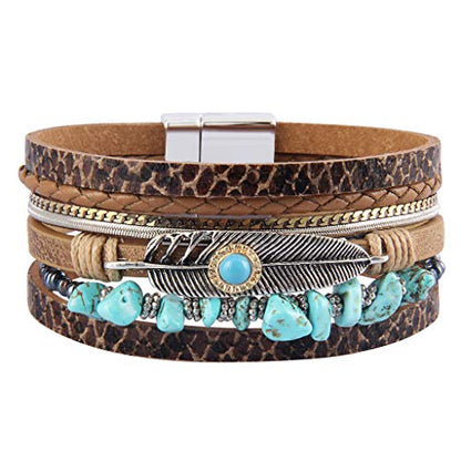 GelConnie Womens Leather Cuff Bracelet Feather Multi Strand Bracelet Wrap Bracelet Turquoise Boho Bangle Braided Leather Wristbands Bohemian Jewelry Gifts for Women Wife Sister - color: Turquoise Feather Cuff Bracelet-Brown